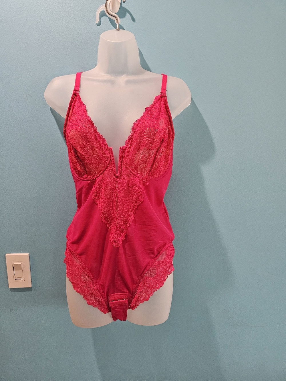 Plunge Lace Bodysuit Chemise in Hot Pink